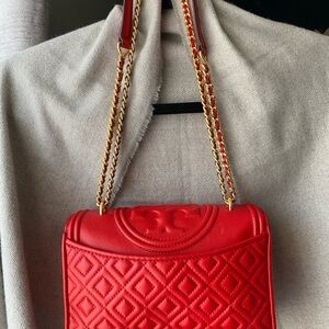 Tory Burch Red Quilted Leather Shoulder Bag with Gold Chain